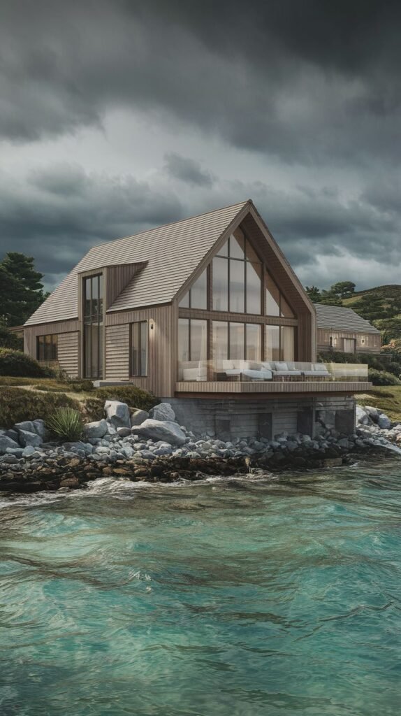 A wood exterior cottage on the water's edge with a stone foundation.