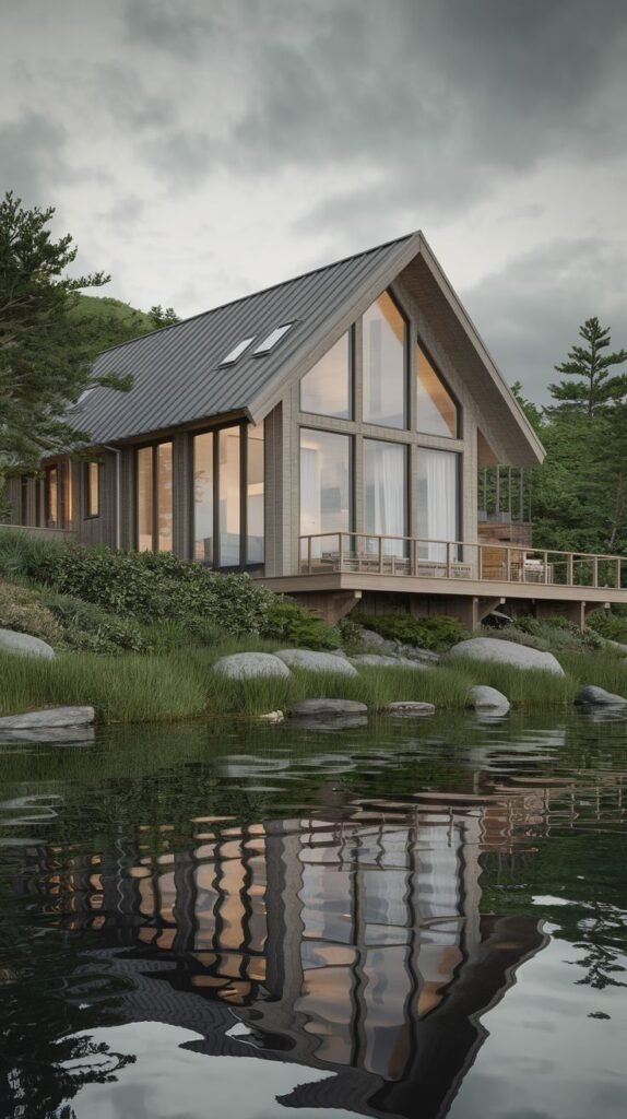 A cottage on a lake with an overhanging roof.