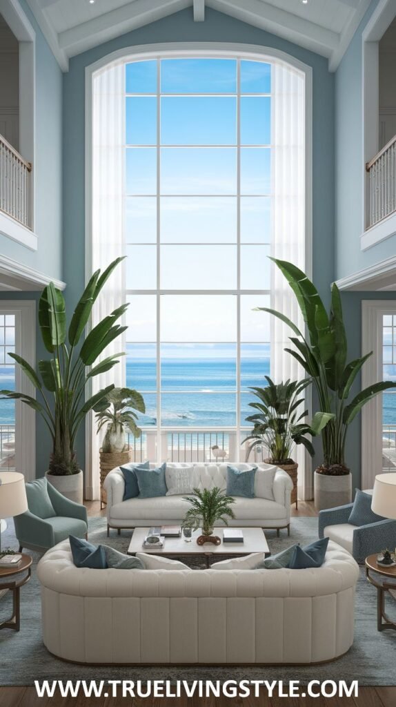 Bright and airy Modern Coastal living room with high ceilings, a large arched window overlooking the ocean, two white sofas with blue pillows, and various tropical plants.