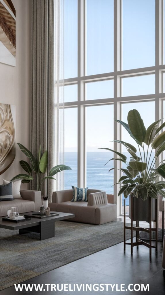 Sleek Modern Coastal living room with large windows providing an ocean backdrop. Features contemporary gray sofas, a dark coffee table, and tall potted plants.