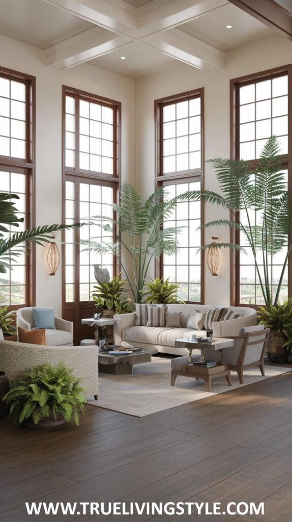 Warm Modern Coastal living room with dark wood floors, large windows showing the ocean, neutral-toned sofas and armchairs, and diverse indoor plants.