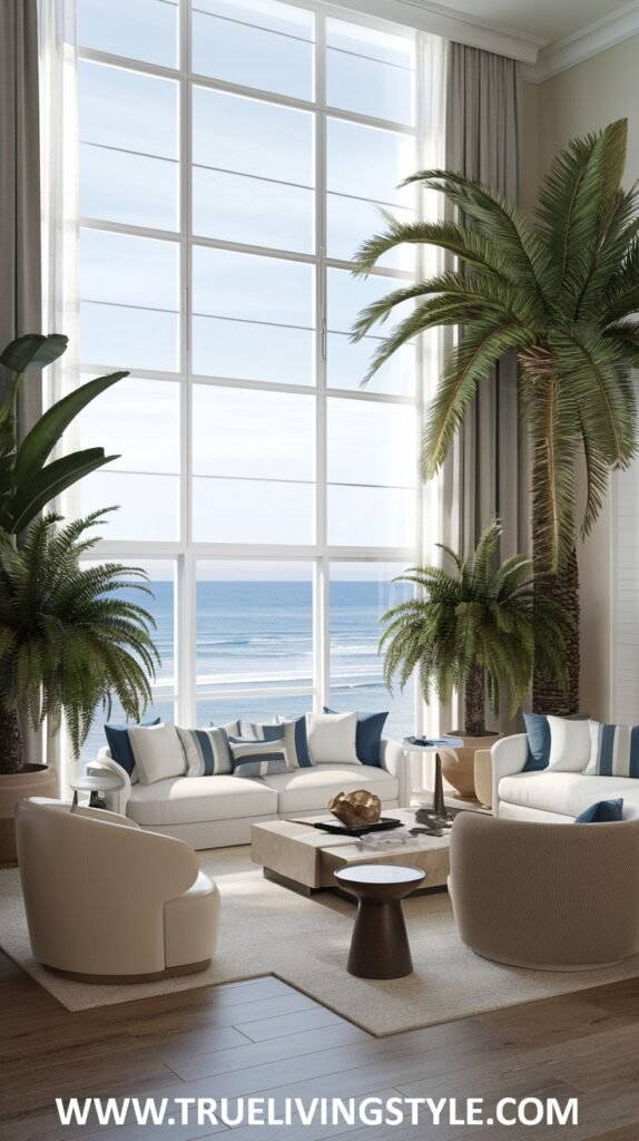 Bright and spacious Modern Coastal living area with floor-to-ceiling windows and ocean views. Features white sofas with blue accents, light-colored armchairs, and several palm trees.