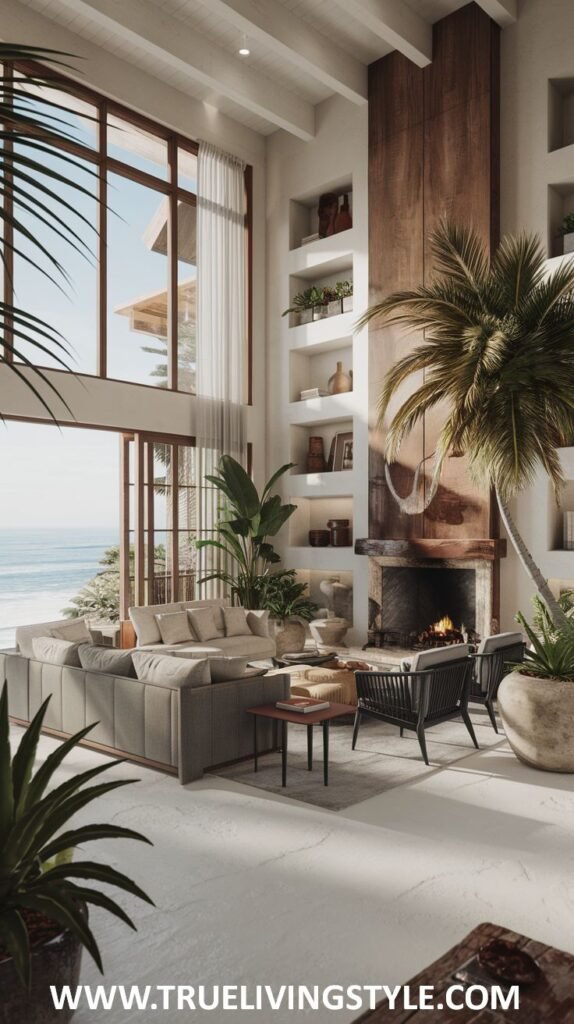 Relaxed Modern Coastal living room with large windows overlooking the ocean, a gray sectional sofa, armchairs, a fireplace, and various tropical plants.