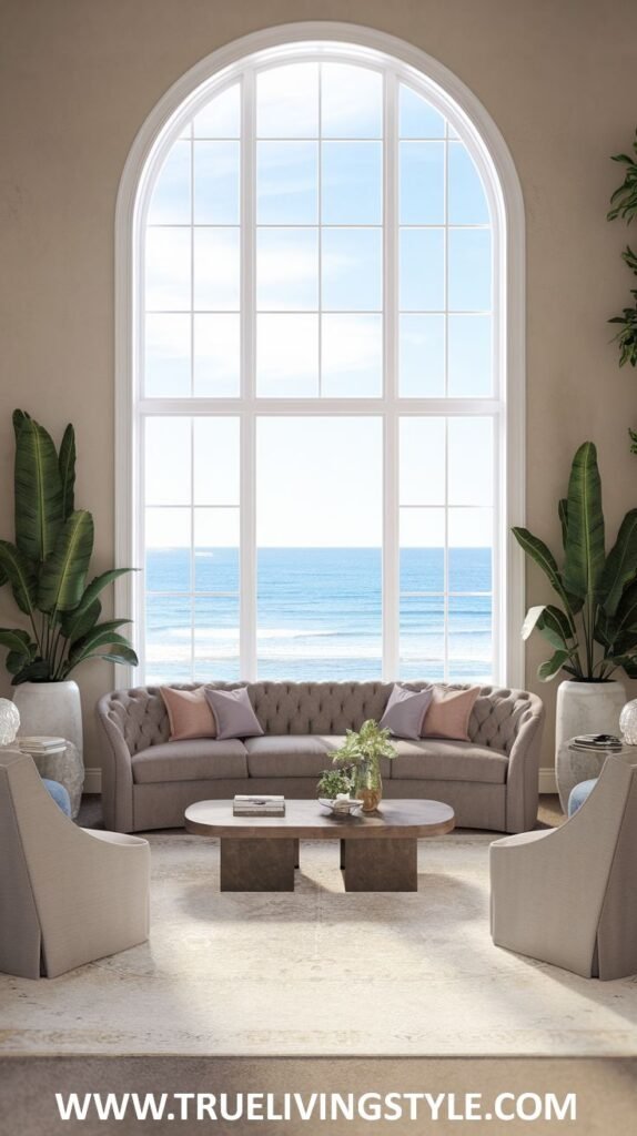 Elegant Modern Coastal living room with a large arched window framing the ocean. Features a tufted beige sofa, light-colored armchairs, and tall potted plants.