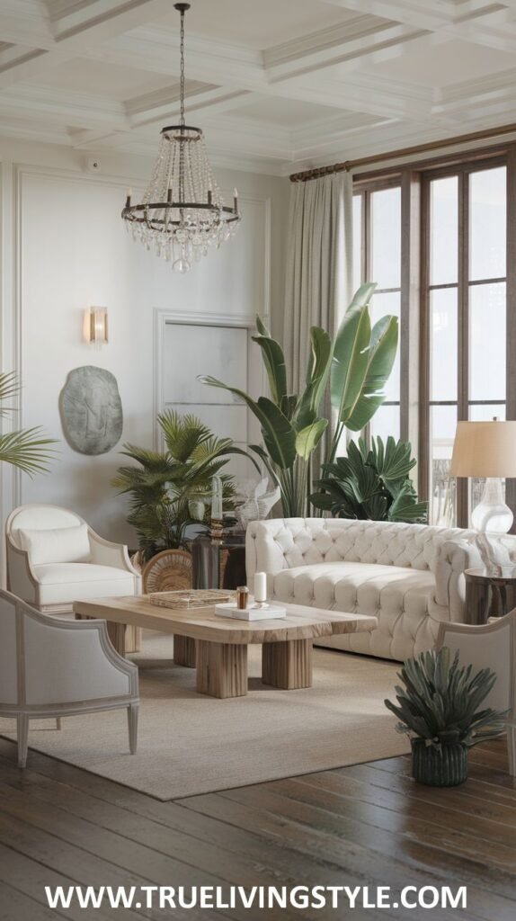 Sophisticated Modern Coastal living room with a chandelier, large windows, white tufted sofas, light-colored armchairs, and lush indoor greenery.