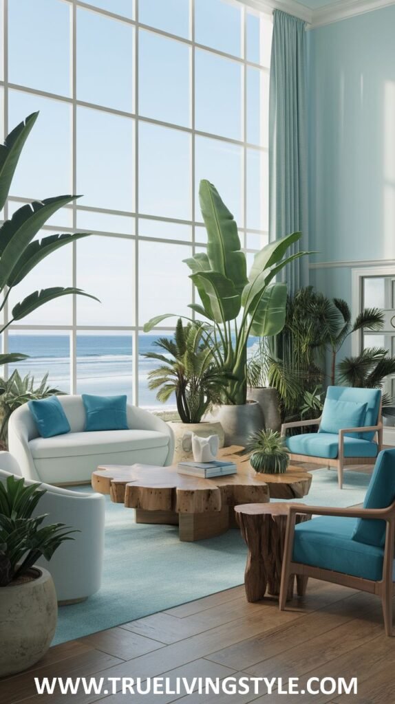Vibrant Modern Coastal living room with large windows and an ocean view. Features white and teal seating, natural wood coffee tables, and numerous tropical plants.