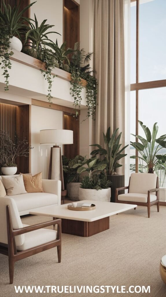 Tranquil Modern Coastal living room with high ceilings and large windows offering an ocean vista. Features a white sofa, light-colored armchairs, and diverse potted plants, including hanging greenery.