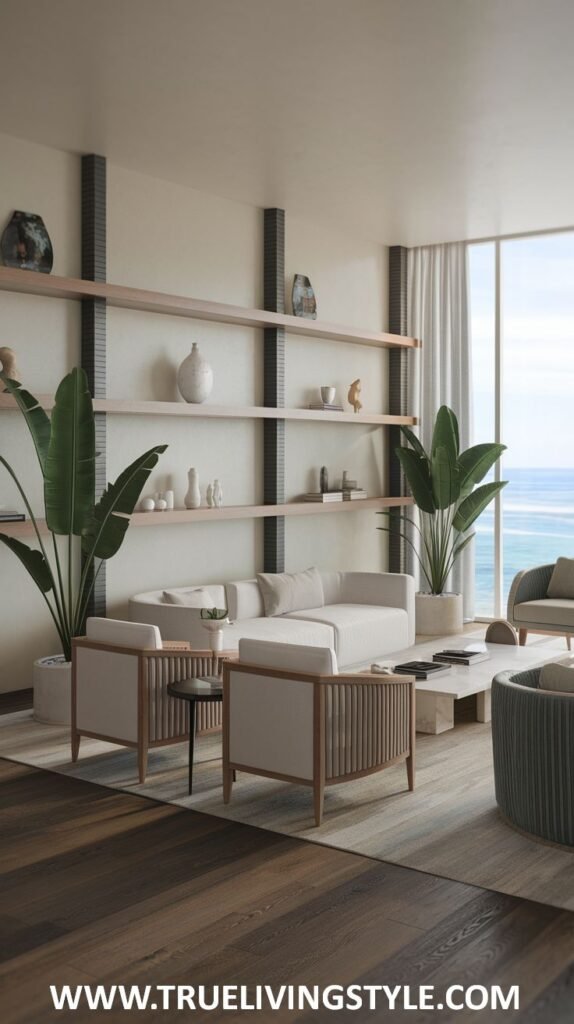 Minimalist Modern Coastal living room with large windows and ocean views. Features a white sofa, light-colored armchairs with wood frames, and large potted plants.