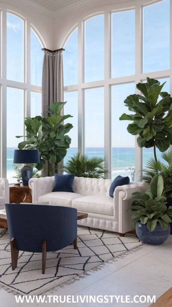 Refined Modern Coastal living room with tall arched windows overlooking the ocean. Features a white tufted sofa with navy pillows, a navy armchair, and large leafy plants.