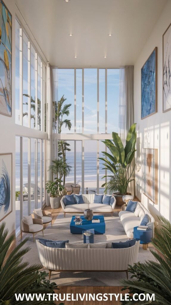 Spacious Modern Coastal living area with floor-to-ceiling windows revealing an ocean vista. Features multiple seating areas with white and blue upholstery, tropical plants, and contemporary artwork.
