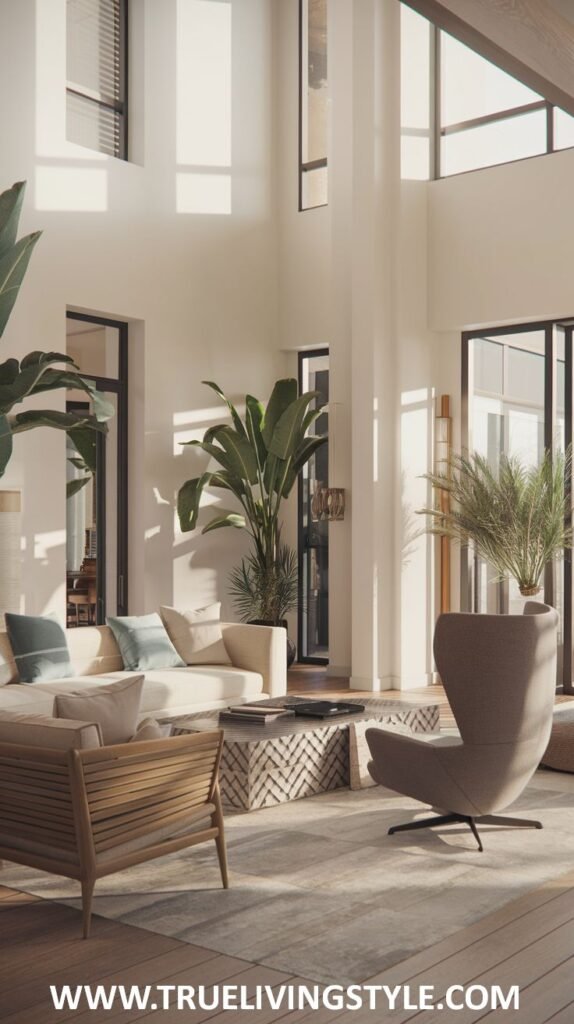 Airy Modern Coastal living space with high ceilings and large windows revealing an ocean view. Features a white sofa, a unique armchair, and various indoor plants.