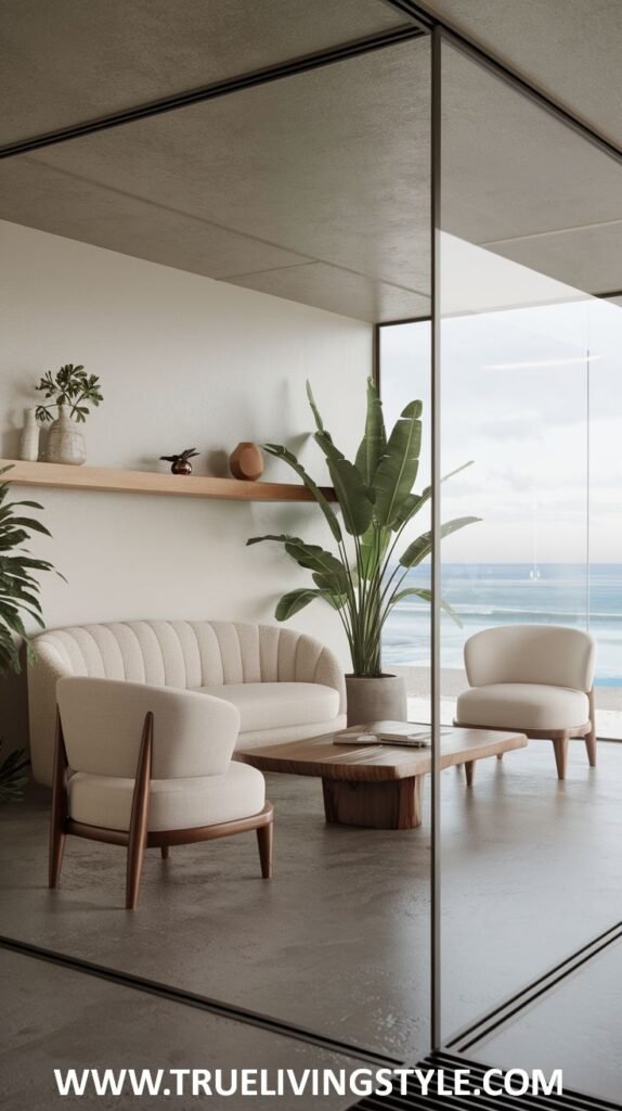 Contemporary Modern Coastal living room with glass walls offering ocean views. Features a curved beige sofa, light-colored armchairs with wood frames, and a natural wood coffee table with plants.