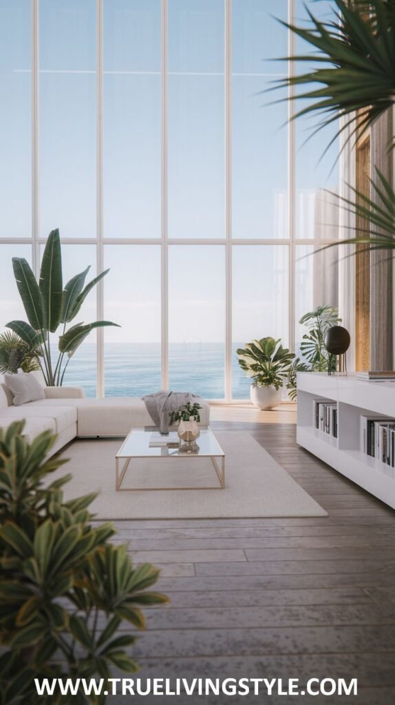 Bright Modern Coastal living room with floor-to-ceiling windows and an ocean view. Features a white sectional sofa, a glass coffee table, and various tropical plants.