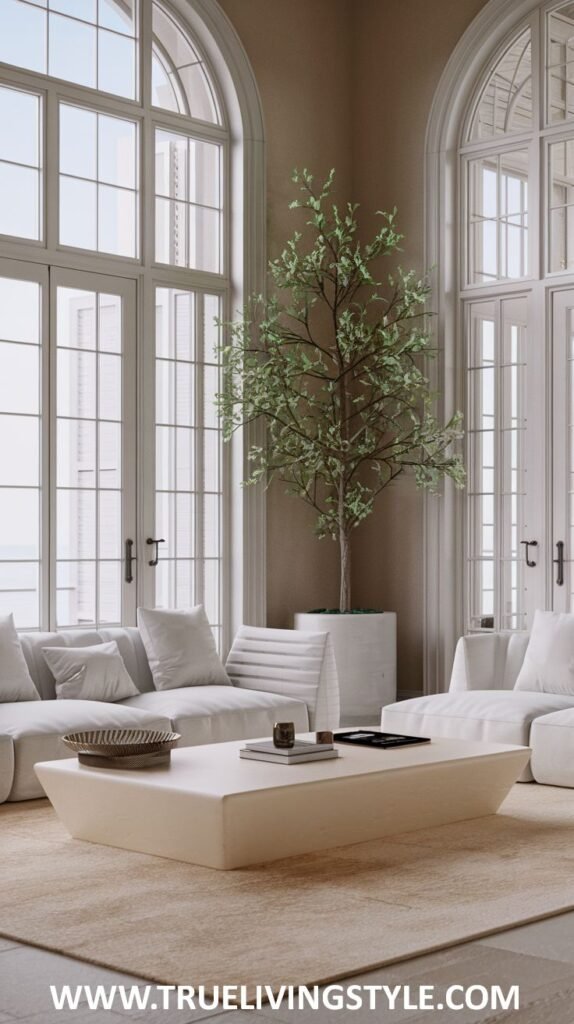 Elegant Modern Coastal living room with tall arched windows. Features white sofas and armchairs, a light-colored coffee table, and a slender indoor tree.