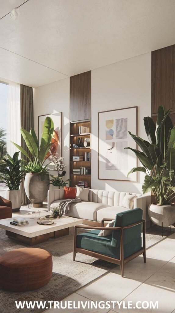 Inviting Modern Coastal living room with large windows and an ocean glimpse. Features a light gray sofa, a green armchair, a brown ottoman, and large potted tropical plants.
