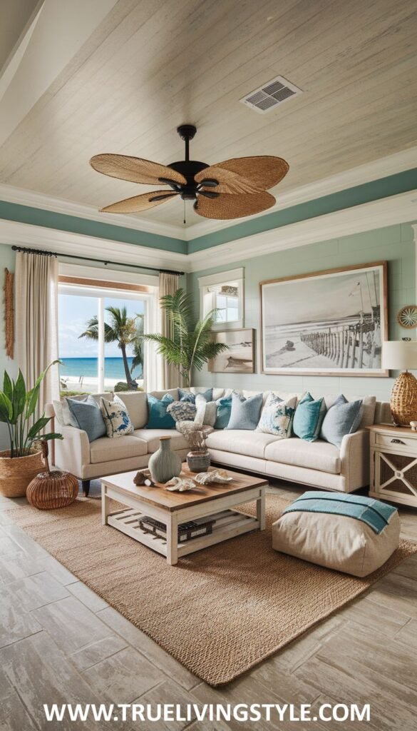 Relaxed Modern Coastal living room with light blue walls and windows showing the ocean. Features a white sectional sofa with blue pillows, a natural fiber rug, and beach-inspired decor.