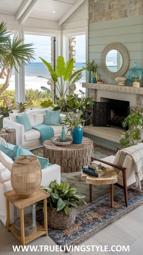 Tropical Modern Coastal living room with large windows and views of the beach and ocean. Features white sofas with turquoise accents, natural wood furniture, and abundant indoor plants.