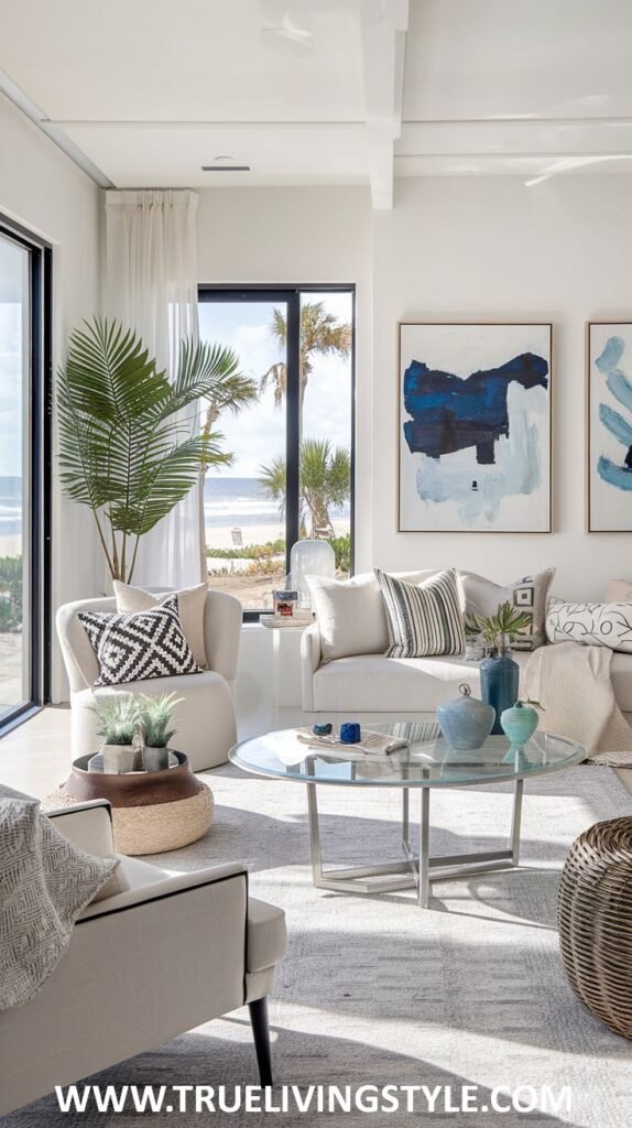 Bright Modern Coastal living room with large windows overlooking the beach and ocean. Features a white sofa with striped pillows, light-colored armchairs, and coastal-inspired decor.