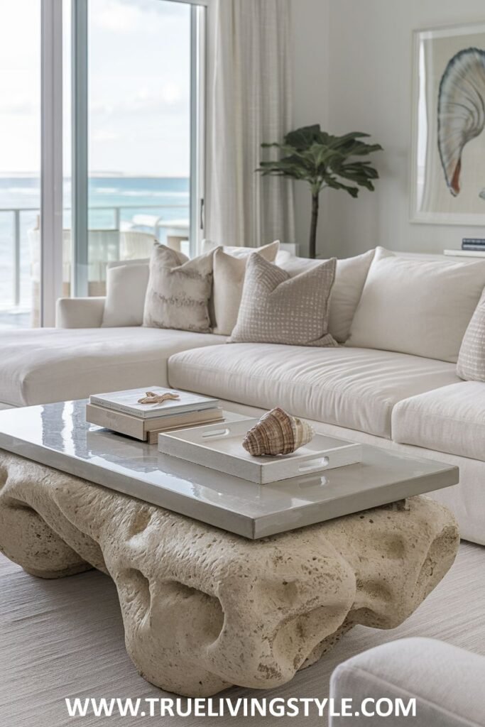 Modern Coastal living room with a white sectional sofa, a unique textured coffee table with a light gray top, decorative books, and a seashell. Large windows show an ocean view.