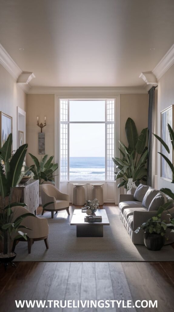Serene Modern Coastal living room with soft beige tones, a large window framing the ocean, a gray sofa, armchairs, and lush green plants.