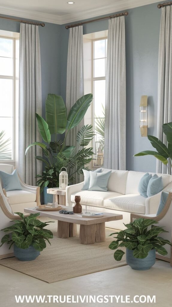 Light and breezy Modern Coastal living room with light blue walls, white sofas with light blue pillows, natural wood accents, and indoor plants.