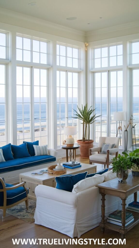 Sun-drenched Modern Coastal sunroom with expansive windows showing the beach and ocean. Features white upholstered seating with blue accents and various tropical plants.