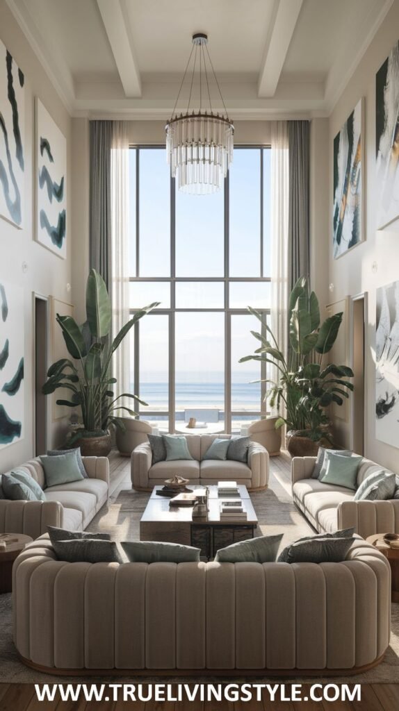 Elegant Modern Coastal living room with high ceilings, large windows with ocean views, multiple beige sofas, and tall indoor plants.