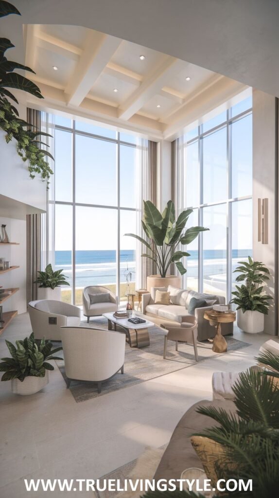Open and airy Modern Coastal living space with floor-to-ceiling windows overlooking the ocean. Features neutral-toned furniture and abundant indoor greenery.