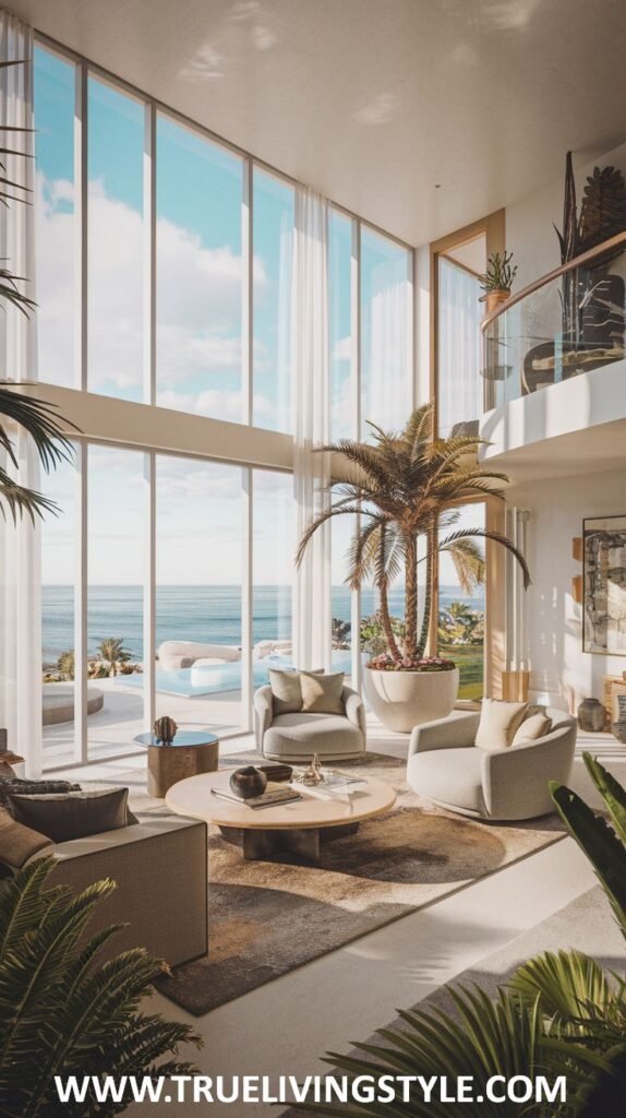 Bright Modern Coastal interior with expansive windows showcasing the ocean and a pool. Includes comfortable armchairs, a round coffee table, and a large potted palm tree.