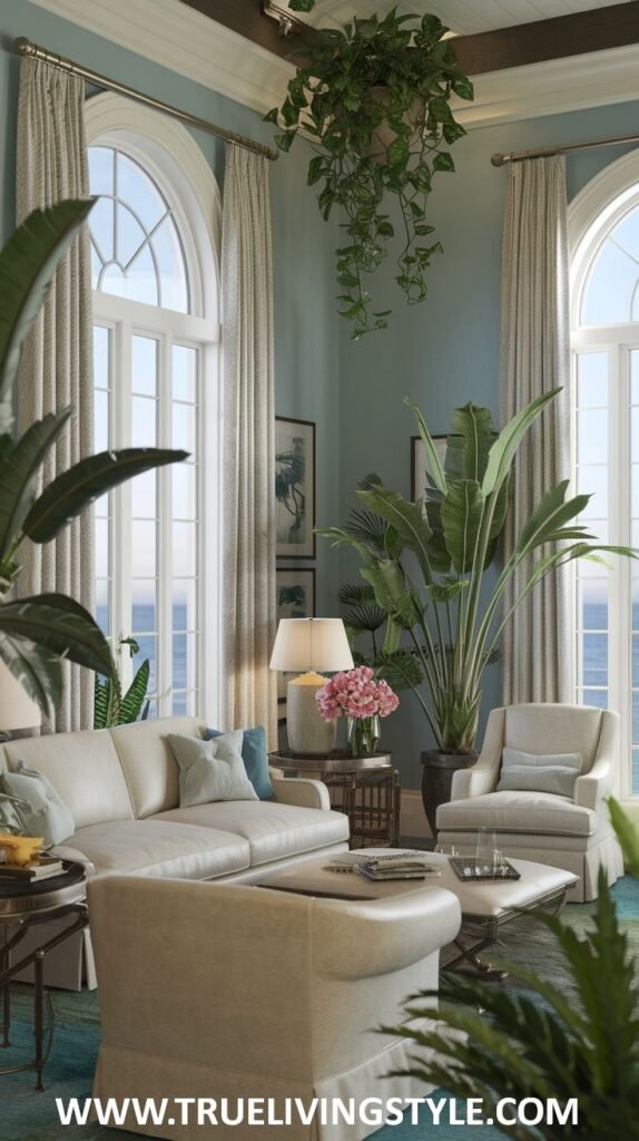 Cozy Modern Coastal living room with soft blue walls, arched windows with ocean glimpses, white sofas with blue pillows, and various indoor plants.