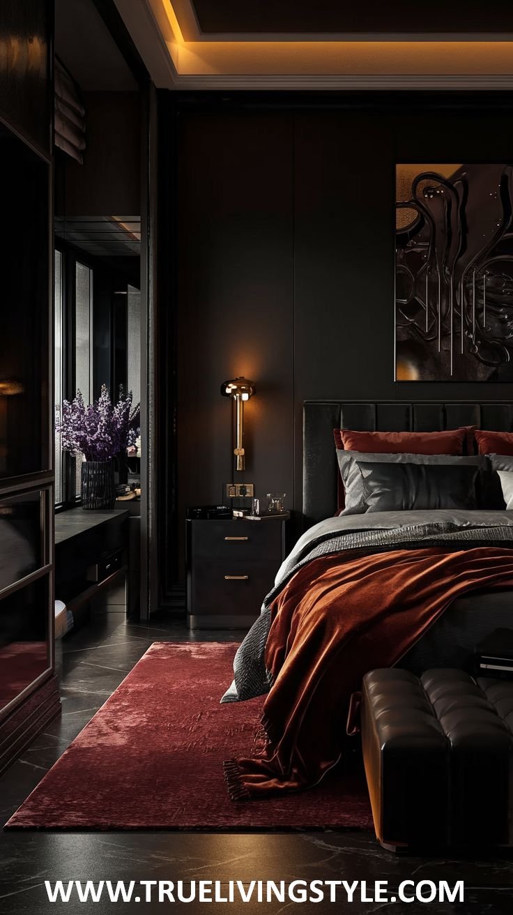 a dark bedroom with bold rust-colored accents in the bedding and a minimalist aesthetic.