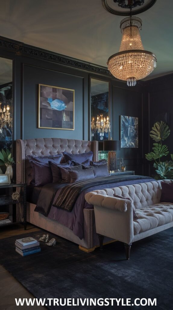 a luxurious dark bedroom with a velvet tufted bed, purple bedding, and a crystal chandelier.