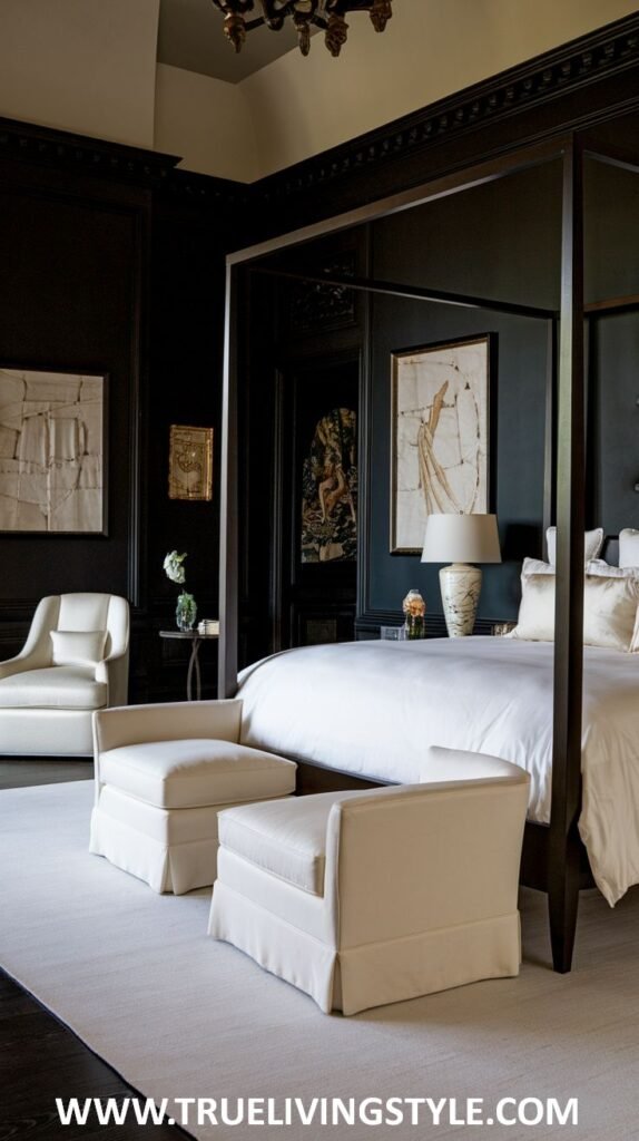 a serene and minimalist dark bedroom with a simple four-poster bed and white furniture accents.