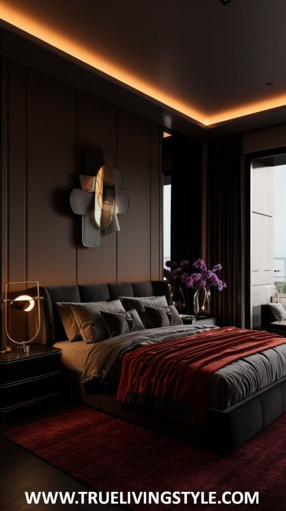 a modern dark bedroom with dark paneled walls and strategic LED lighting.