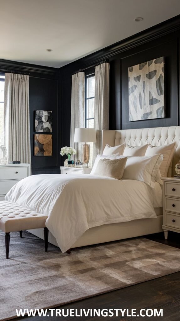 a tranquil dark bedroom with deep walls, a soft upholstered bed, and light-colored accents.