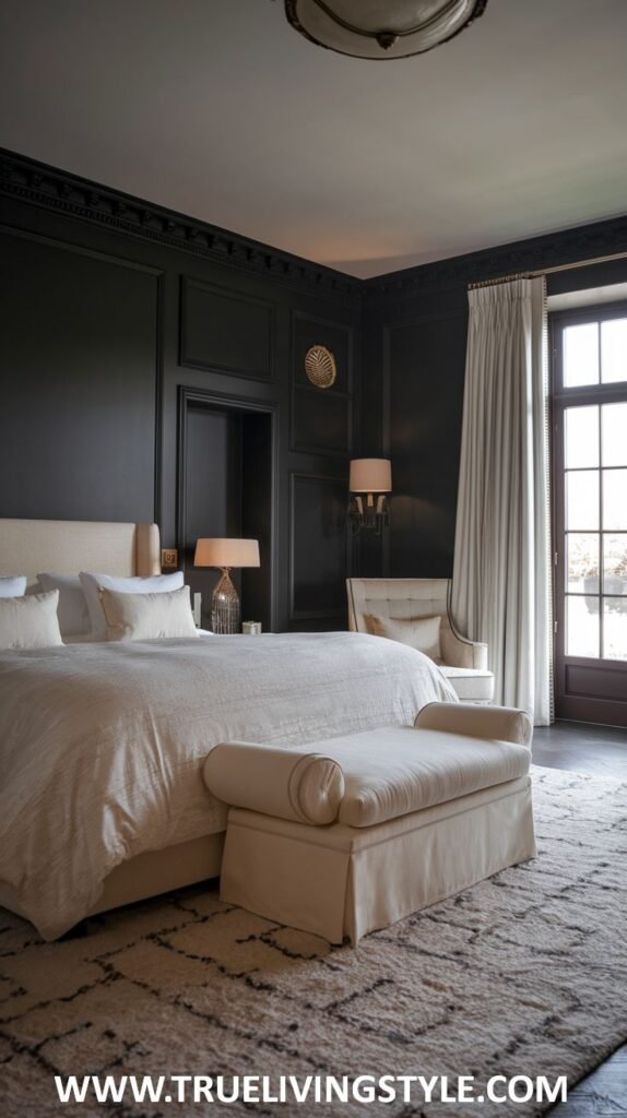 a balanced dark bedroom with dark walls, large windows, and light-colored furniture.