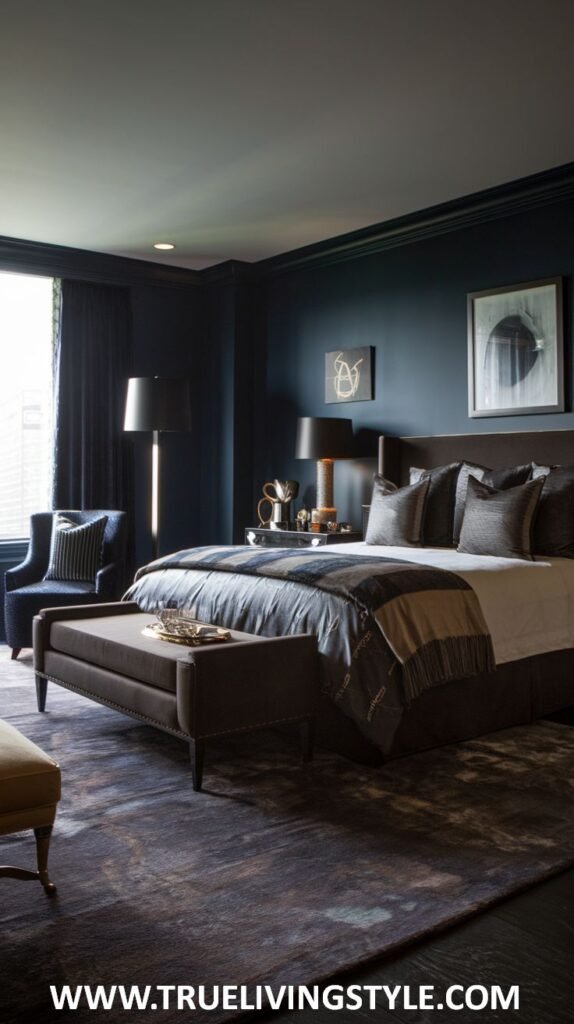 a dark bedroom incorporating pattern and texture in the rug and bedding.