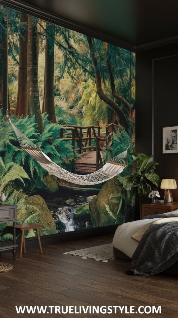 a dark bedroom with a full-wall mural of a forest scene and a hammock.