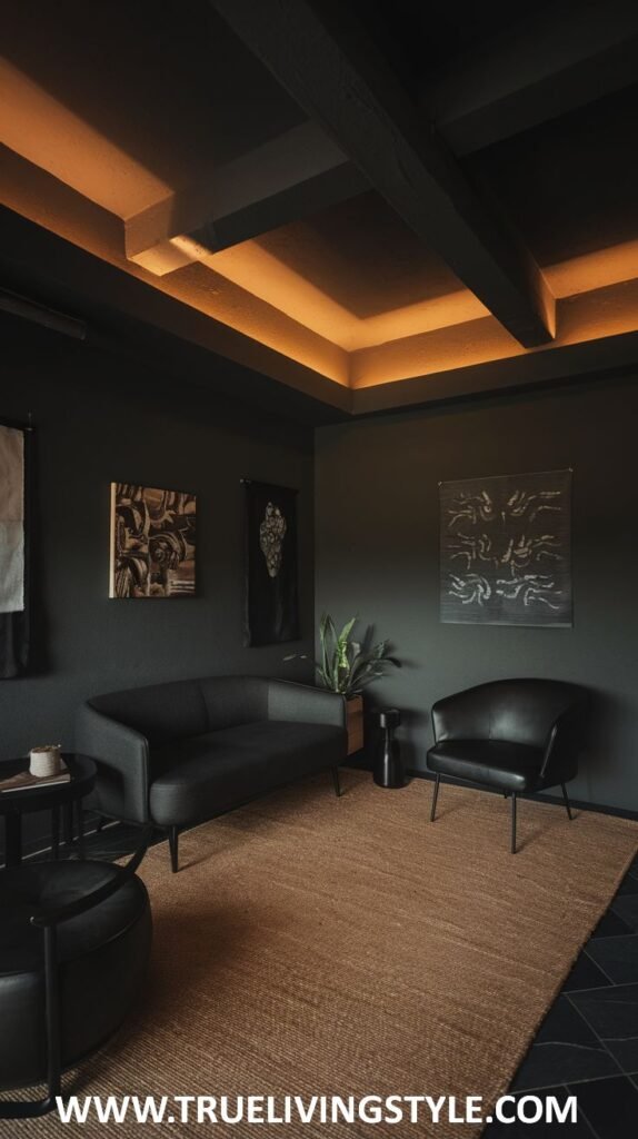 a moody, lounge-inspired dark room with a sofa, armchair, and layered lighting.