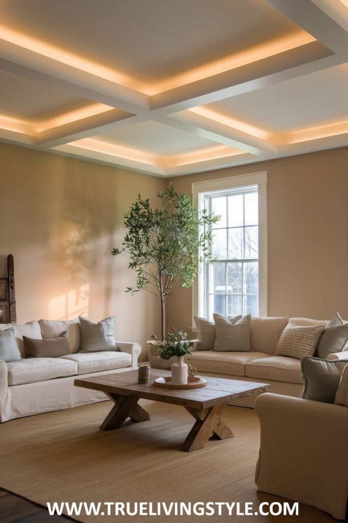 A modern living room showcasing coffered ceilings with subtle lighting and neutral furniture.