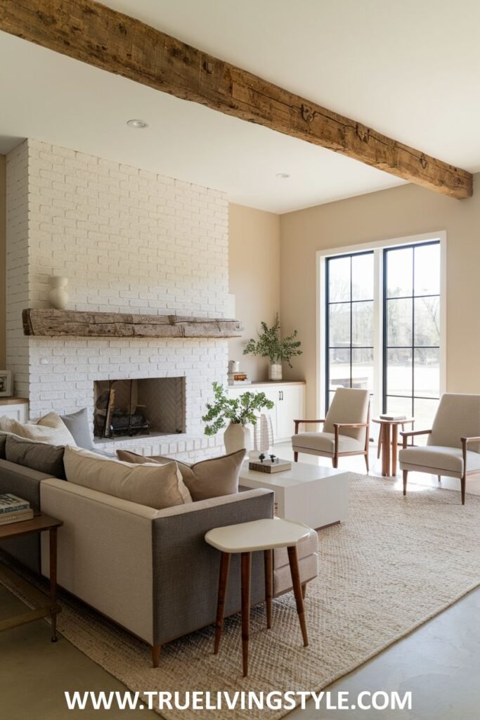 A bright living room combining a whitewashed brick fireplace with neutral furniture.