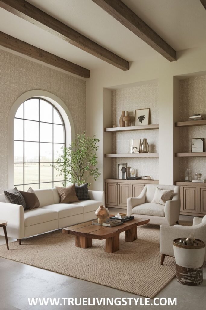 A living space using natural wood tones and textural wallpaper.