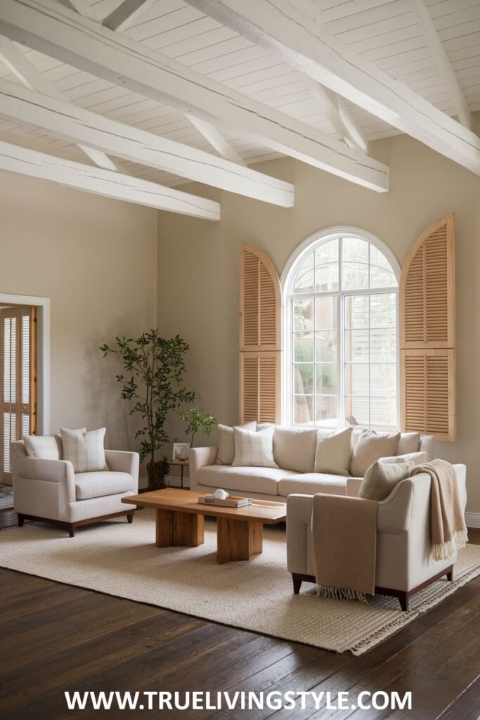 A charming living room with an arched window and plantation shutters.