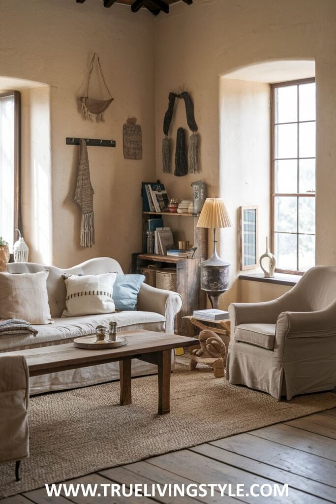 A cozy living room enhanced with a jute rug.