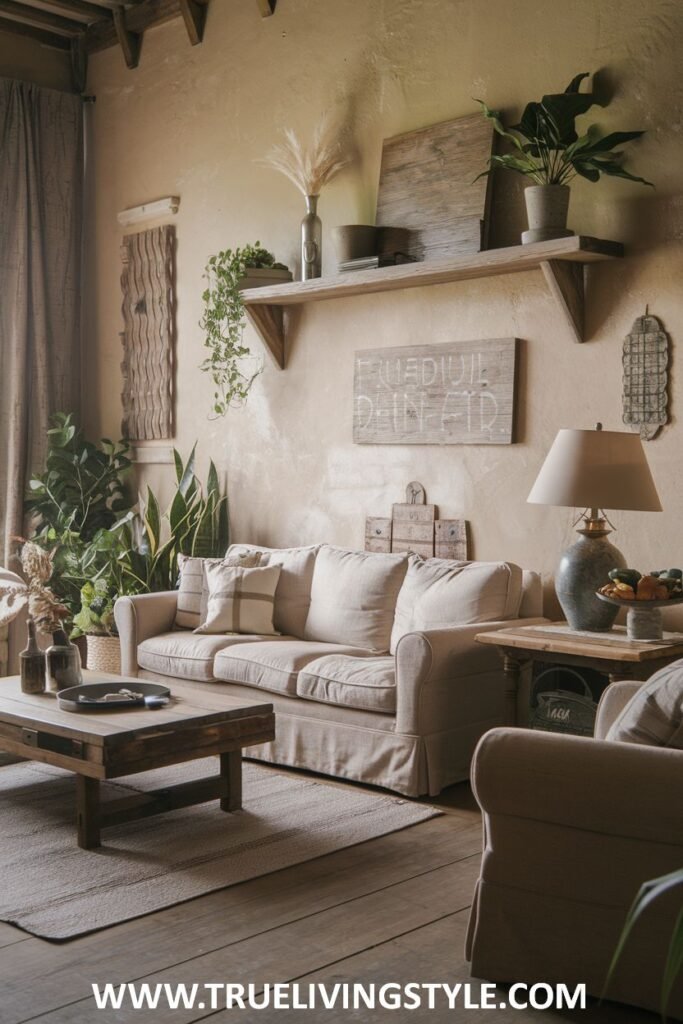 A personalized living room with floating shelves displaying plants.