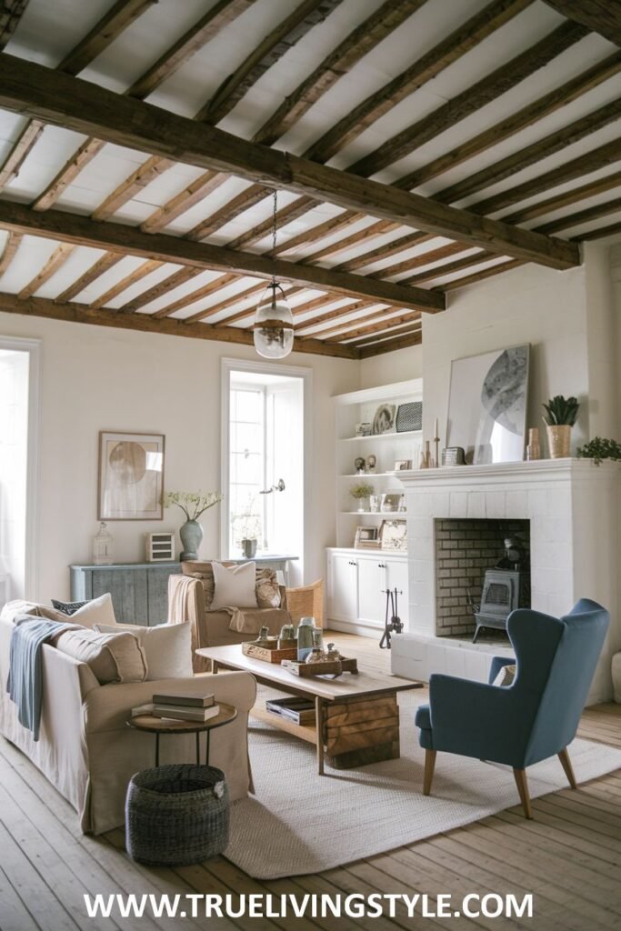 An inviting space featuring a brick fireplace with natural wood accents.