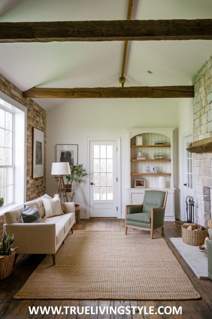 A textured living room combining a stone fireplace with a jute rug.