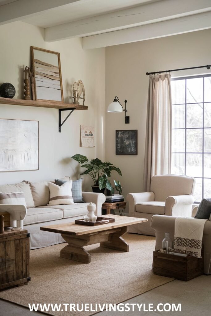 A welcoming living room with a large plant and rustic wood accents.