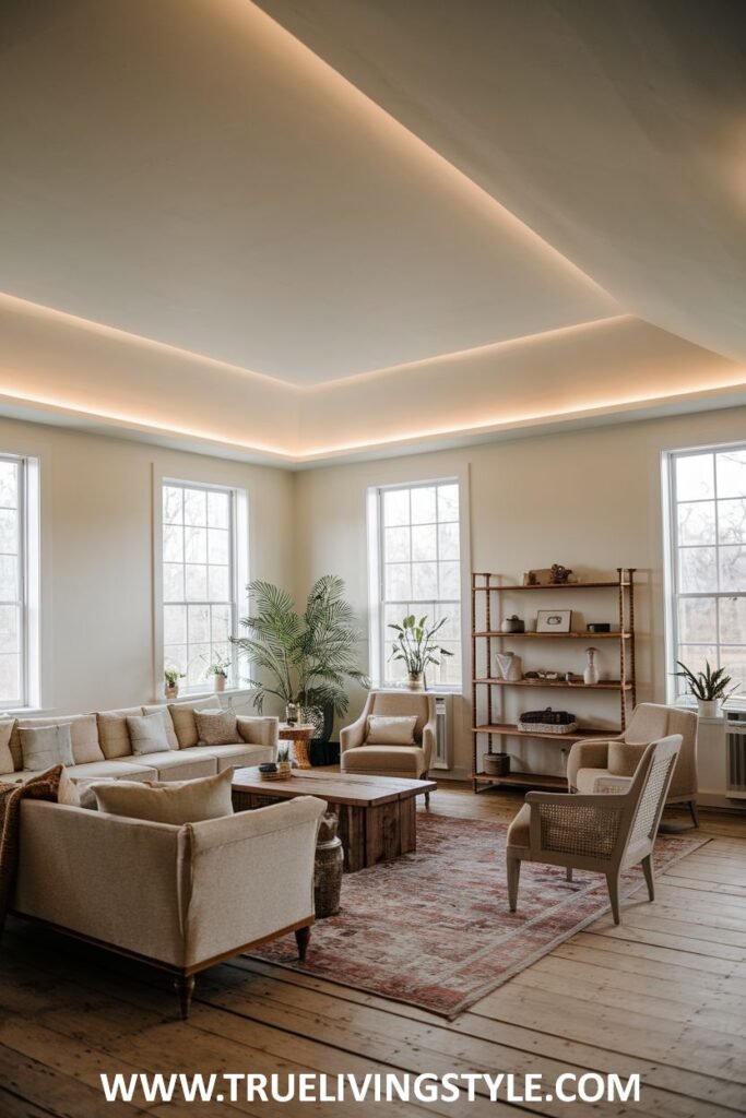 A stylish living area with subtle ceiling lighting and neutral walls.