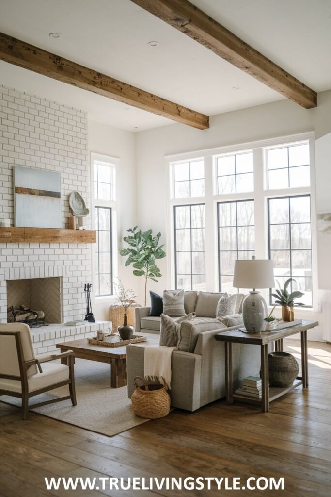 A naturally lit living room with large windows, exposed beams, and a brick fireplace.